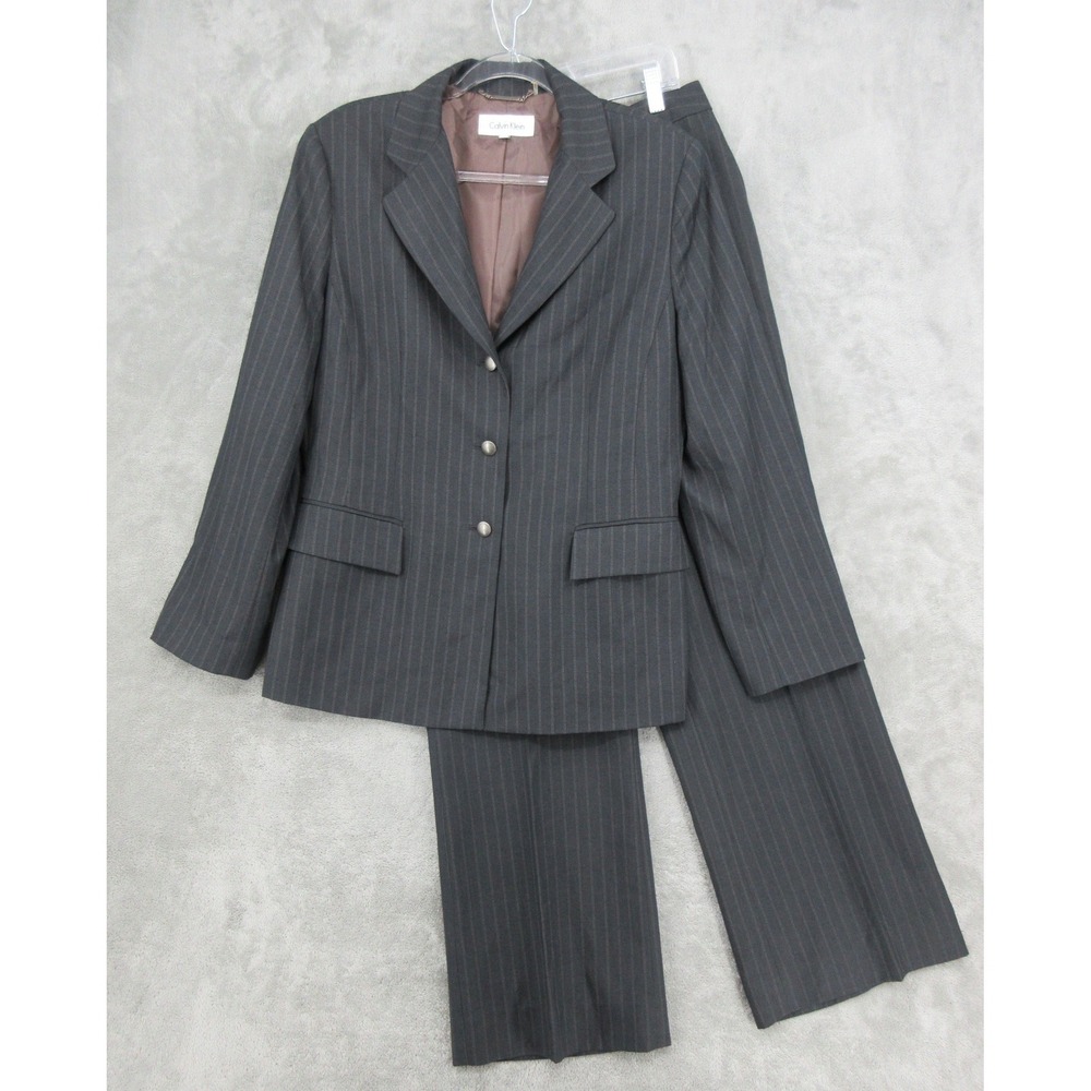 Calvin Klein Pant Suit Womens Size 12 Pinstripe Blazer Wide Leg Career Pockets